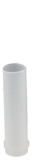 Raccord ou connecteur de tuyau en plastique cylindrique blanc montré sur un fond blanc uni.