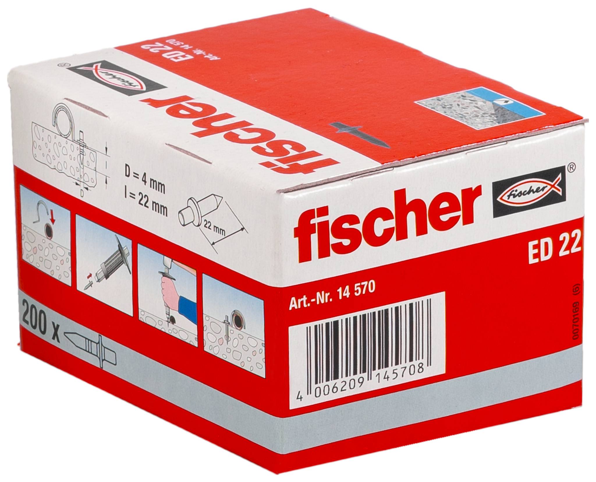 Boîte d'ancrages muraux Fischer ED 22, emballage rouge et blanc avec diagrammes de produit, code-barres et contenu de 200 pièces.