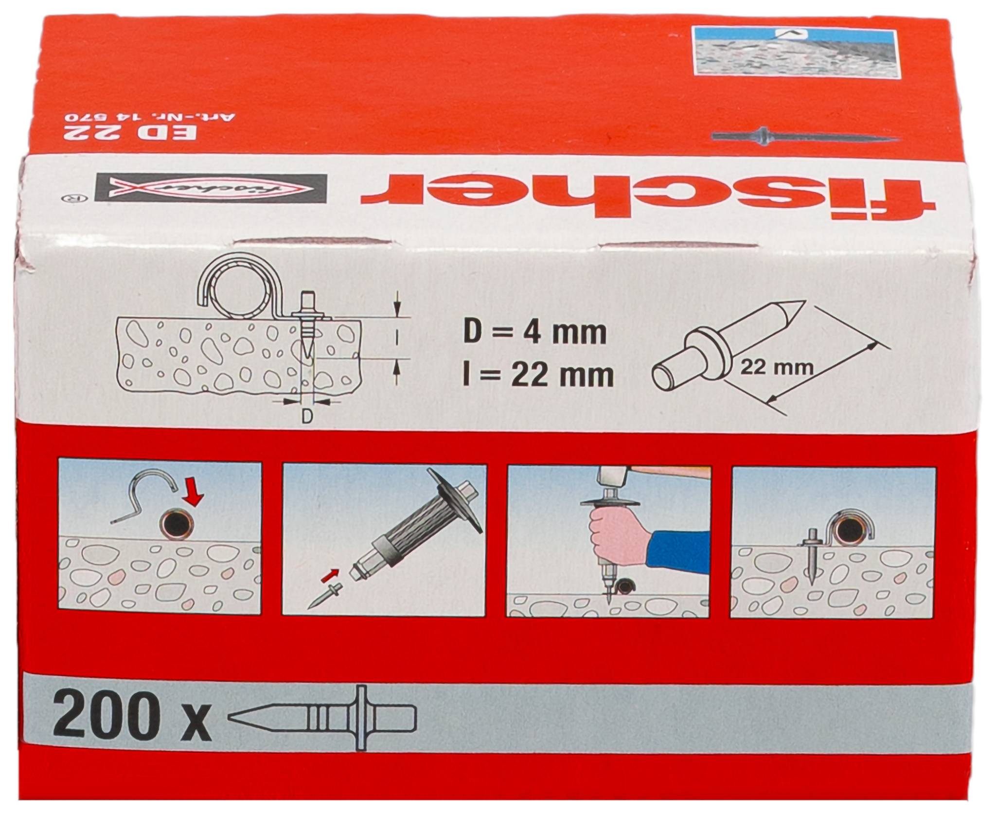 Boîte de chevilles Fischer avec dimensions indiquées D=4 mm et l=22 mm, accompagnée d'étapes illustrées pour leur insertion et leur fixation ; emballage marqué « 200 x ».