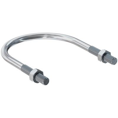Boulon en U en métal avec extrémités filetées et écrous sur fond blanc.