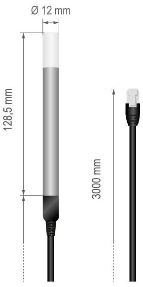 Schéma d'un capteur cylindrique avec dimensions : diamètre 12 mm, longueur 128,5 mm. La longueur du câble est 3000 mm, avec un connecteur à angle droit.