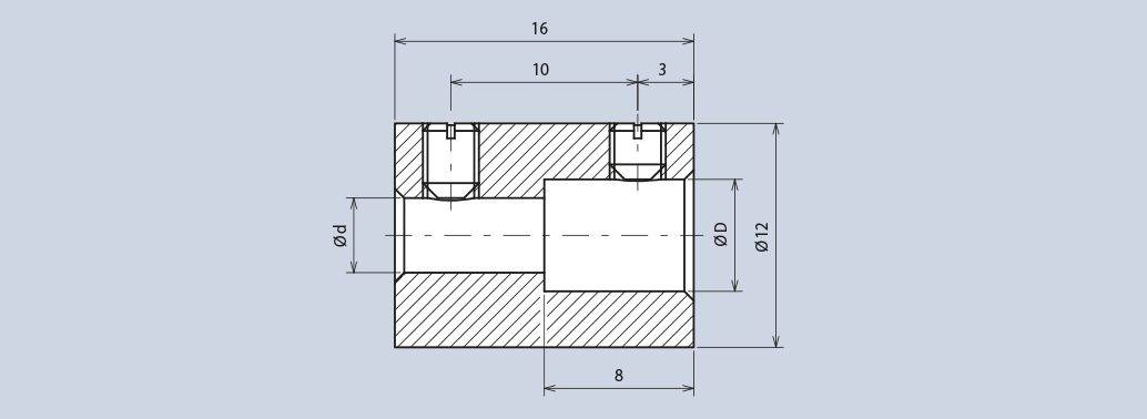 Dessin technique d'un composant cylindrique avec dimensions : Largeur 16, Profondeur 8, Hauteur 6. Le diamètre du cylindre est de 6.