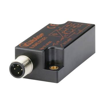 Module de capteur industriel CUBER noir avec un connecteur circulaire filetré et un schéma de câblage orange imprimé sur le dessus.