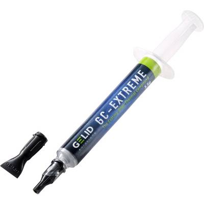 Une seringue de pâte thermique 'GC-Extreme' de Gelid, utilisée pour la dissipation thermique des processeurs d'ordinateur.