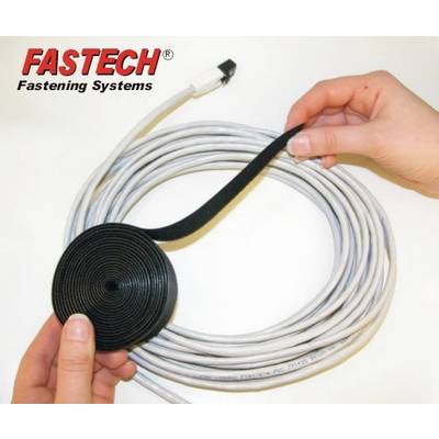 Deux mains enroulent une bande autoagrippante noire autour d'un câble gris. En haut à gauche, le logo 'FASTECH Fastening Systems' est visible.