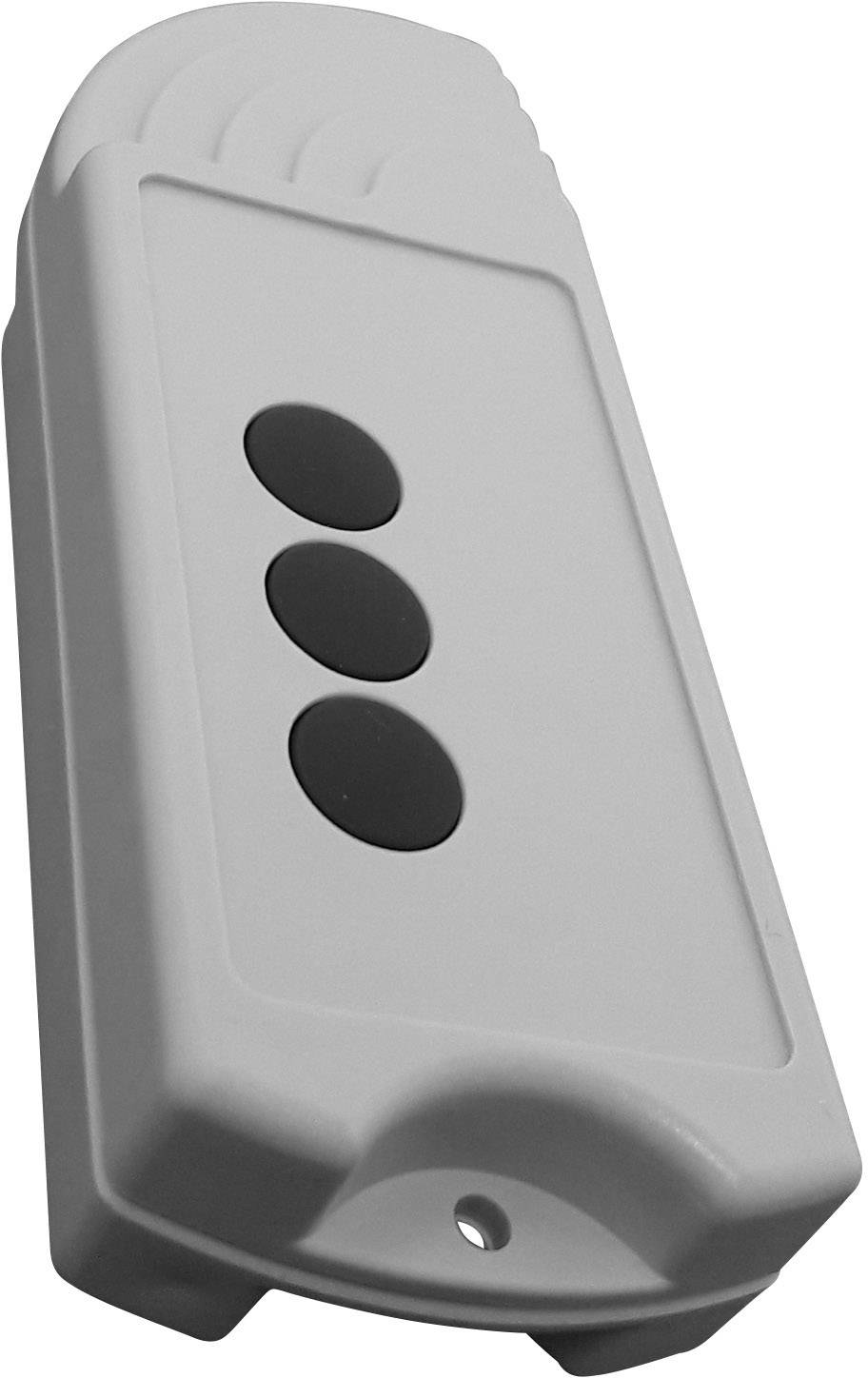 Un boîtier de télécommande blanc avec trois touches noires au centre. Arrondi en haut et pourvu d'une ouverture en bas.