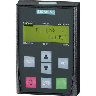 Panneau de commande de marque « Siemens » avec écran d'affichage, boutons « ESC », navigation et « OK », affichant une lecture de tension de 6345 V.