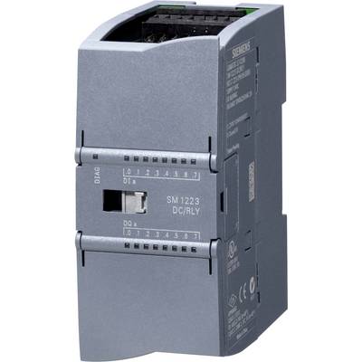 Module « Siemens SM 1223 DC/RLY », boîtier gris avec des bornes étiquetées pour les connexions électriques, utilisé dans les systèmes d'automatisation.