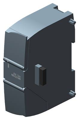 Un modèle 3D d'un composant électrique rectangulaire gris foncé avec des connecteurs montés sur le côté.