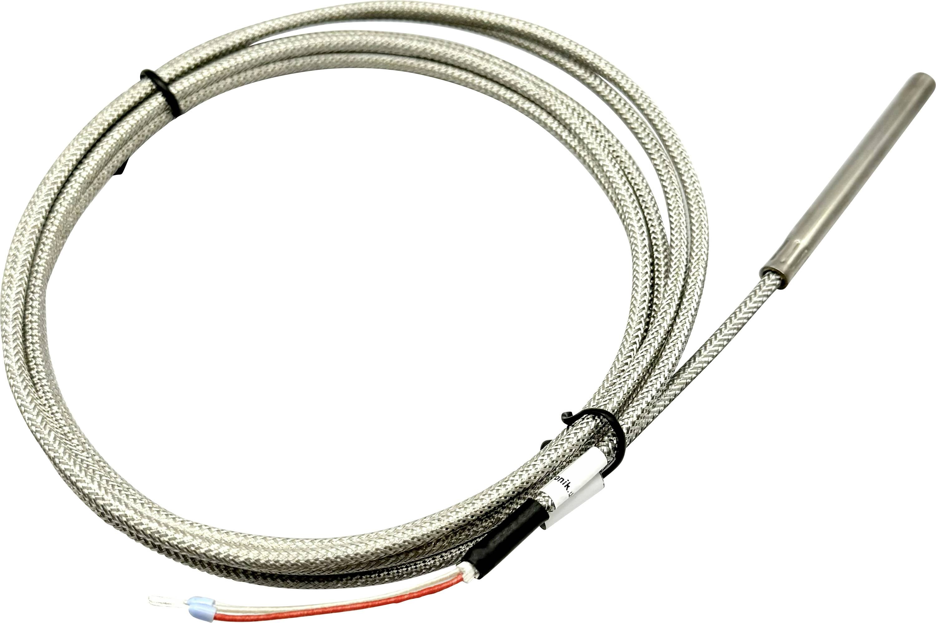 Une sonde thermocouple métallique à gaine tressée est enroulée, avec des fils bleu et blanc dénudés à une extrémité pour les connexions.
