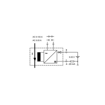 Schéma de circuit montre un transformateur de courant alternatif (0-100 A, 0-20 A), avec alimentation électrique (9-30 V) et sortie (4-20 mA).
