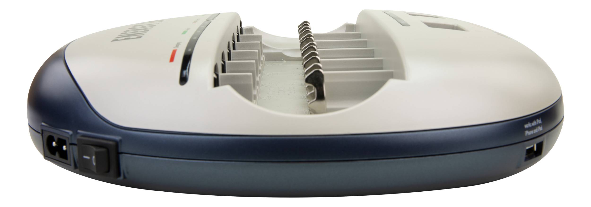 Un dispositif de reliure vu de côté. La face supérieure montre des fentes dentées et des LED, la face avant des interrupteurs et des connexions enfichables.