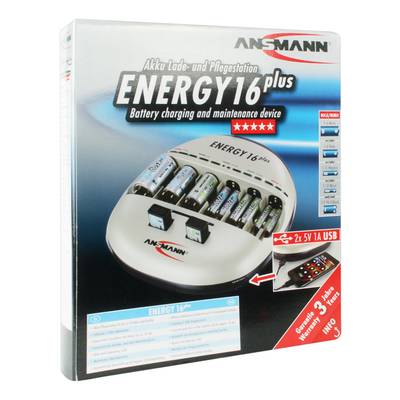 Chargeur de batterie Ansmann Energy 16 plus sur l'emballage. Chargeur pour différents types de batteries avec port USB et accessoires illustrés.