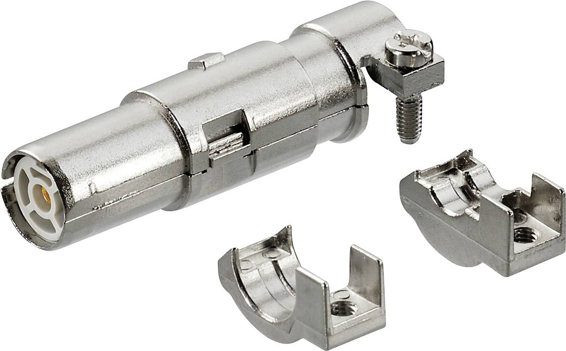 Connecteur métallique avec deux pièces de serrage détachables, montrant la structure interne et les vis d'assemblage. Utilisé dans les applications électroniques ou mécaniques.