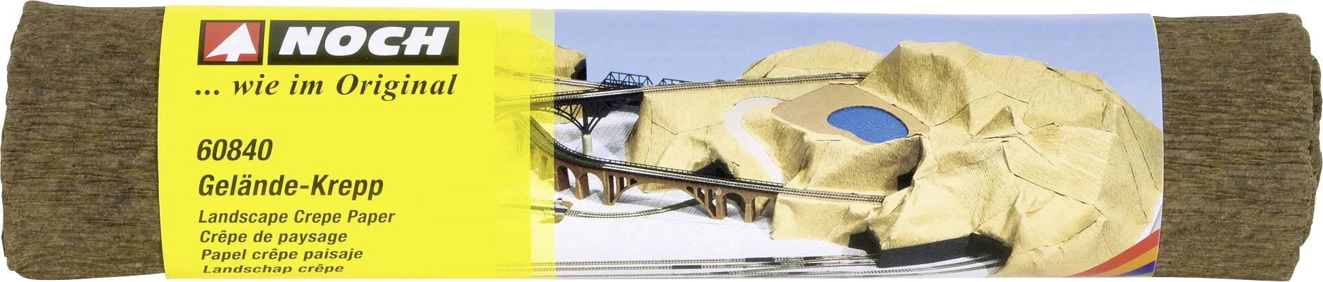 Un rouleau de papier crépon paysage Noch, numéro de produit 60840, utilisé pour les décors de trains miniatures, présentant une surface texturée de couleur marron.