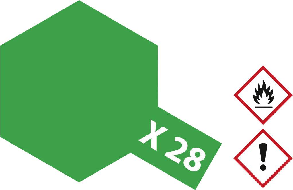 Forme hexagonale verte avec l'inscription 'x 28' à gauche. À droite, des symboles de danger : flamme, point d'exclamation.