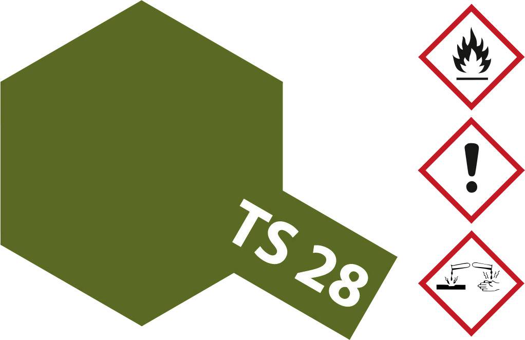Échantillon de couleur hexagonal vert olive portant l'inscription 'TS 28'. À droite, trois symboles de danger : Inflammable, Attention, Corrosif.