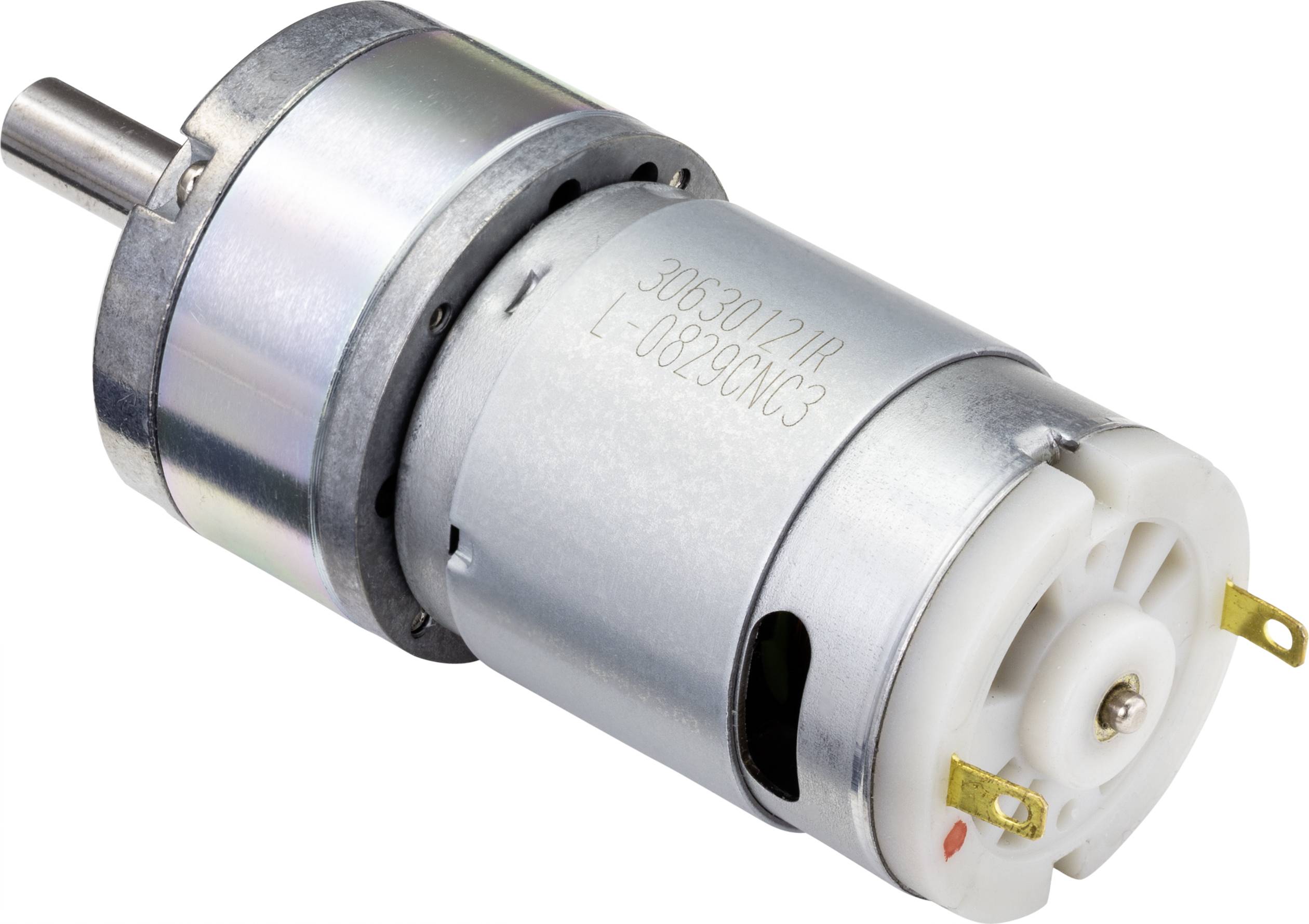 Un moteur électrique argenté avec un axe visible et une étiquette sur le côté, typiquement utilisé pour les petites machines ou appareils.