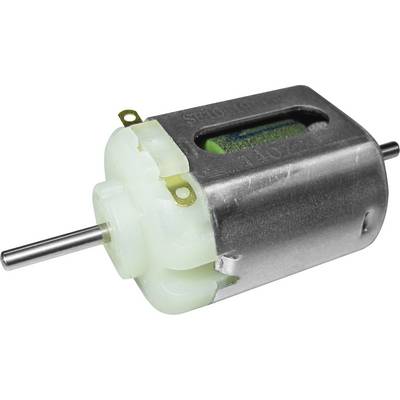 Un petit moteur électrique, cylindrique avec un boîtier métallique, présente deux connexions de fils et un axe pour des mouvements rotatifs.