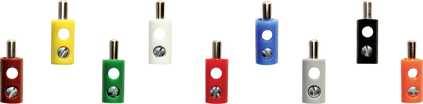 Neuf fiches banane colorées dans différentes couleurs (jaune, vert, rouge, blanc, bleu, noir) sur un fond blanc.