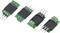 Quatre petits composants électroniques verts avec des broches et des bornes à vis, utilisés pour connecter des circuits.