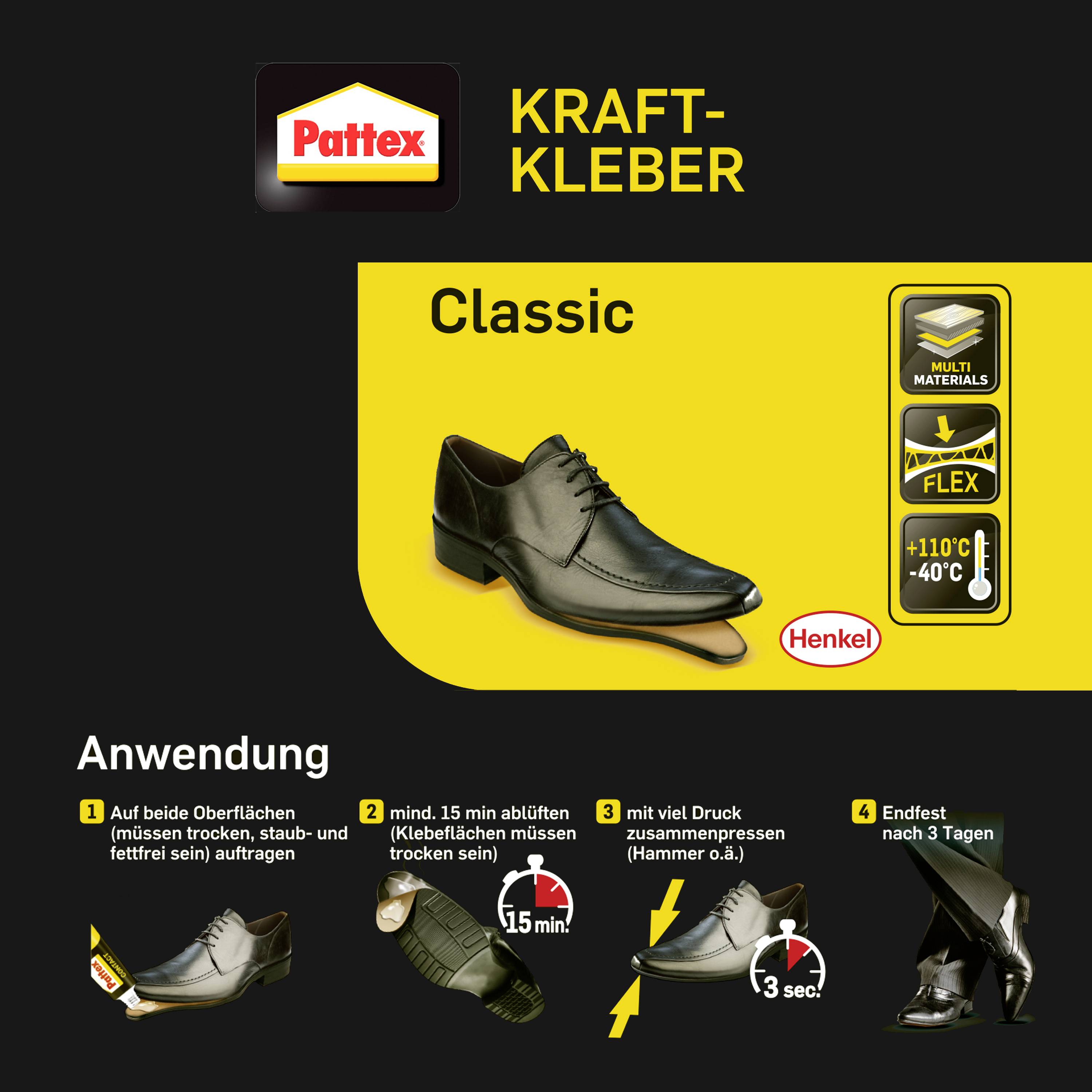 Mode d'emploi de la colle 'Pattex Kraftkleber' montre la réparation de chaussures en quatre étapes : appliquer, attendre 15 minutes, exercer une pression, laisser durcir pendant 3 jours.
