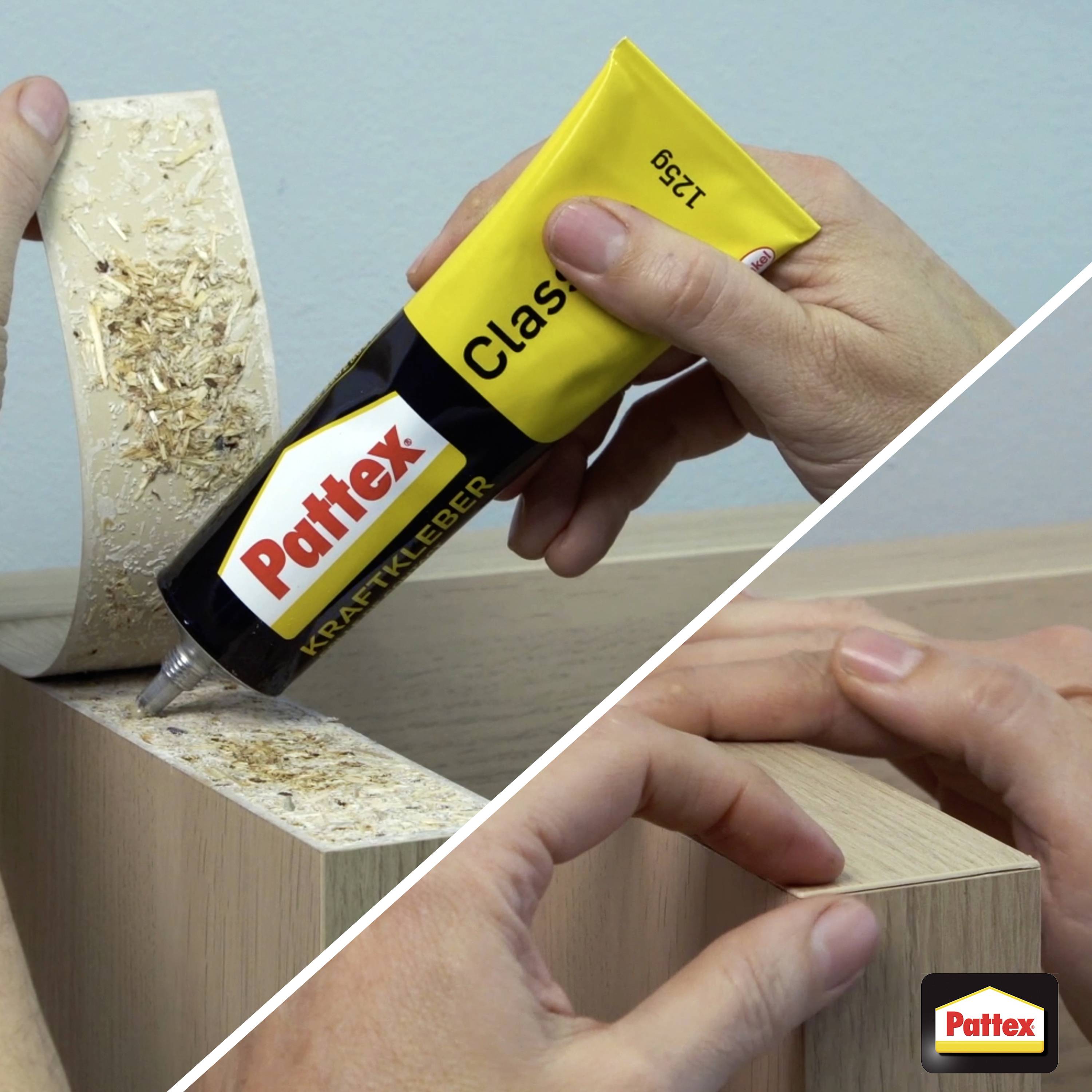 Colle 'Pattex' appliquée sur une surface en bois courbe en haut ; mains pressant deux pièces de bois ensemble en bas, indiquant le processus d'adhésion.