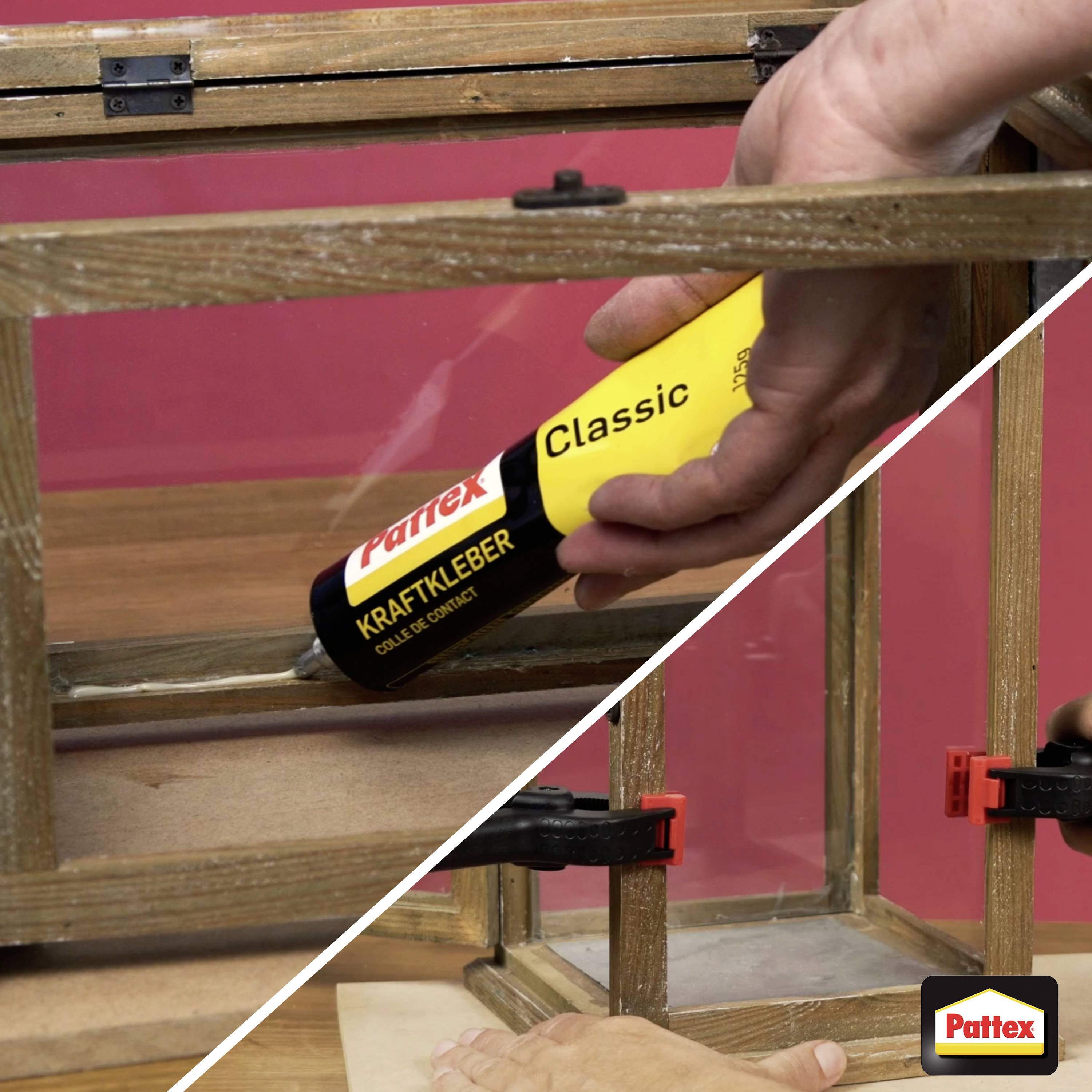 Une personne applique de la colle Pattex Classic sur une jonction de meuble en bois, la serrant fermement. Logo Pattex visible en bas.