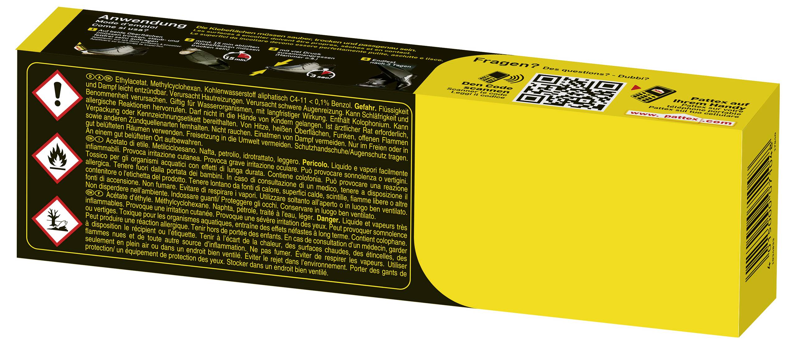 Un emballage de bombe aérosol noir et jaune avec des icônes de sécurité indiquant les risques d'inflammabilité et les dangers pour la santé. Des instructions et un code QR sont visibles.