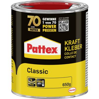 Récipient de colle de contact 'Pattex Classic Kraft Kleber', 650g. Design noir et jaune avec logo Pattex rouge. Inclut code QR et icônes de température.