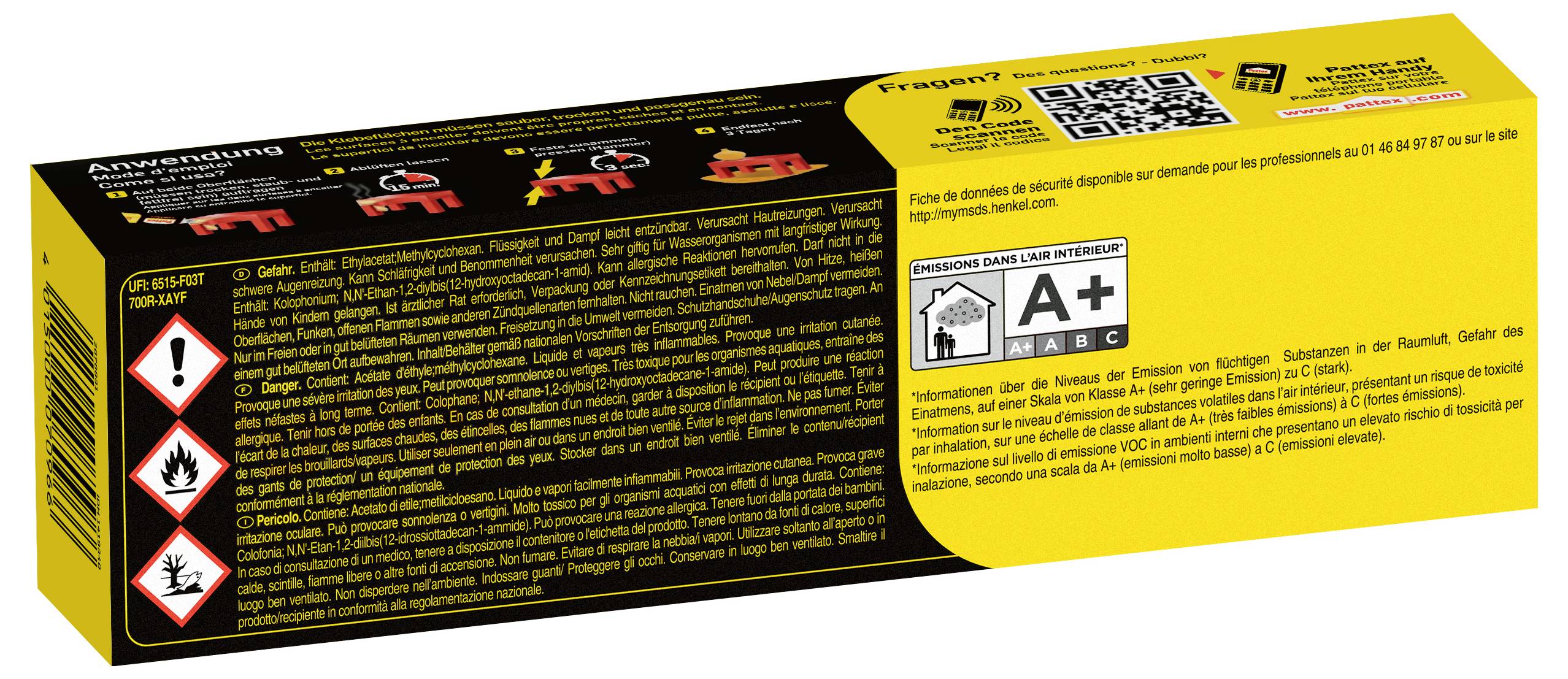 Boîte affichant les informations de sécurité et d'utilisation pour un produit d'allumage, comprenant des symboles de danger, des instructions en plusieurs langues et une classification des émissions de classe A+.