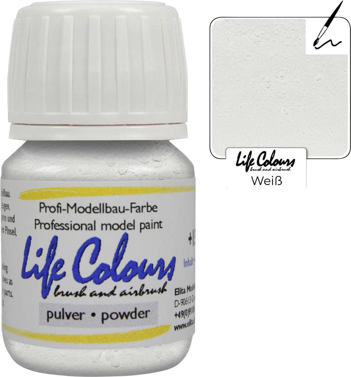 Bouteille de peinture pour maquette 'Life Colours' en blanc, à côté d'un échantillon de couleur.