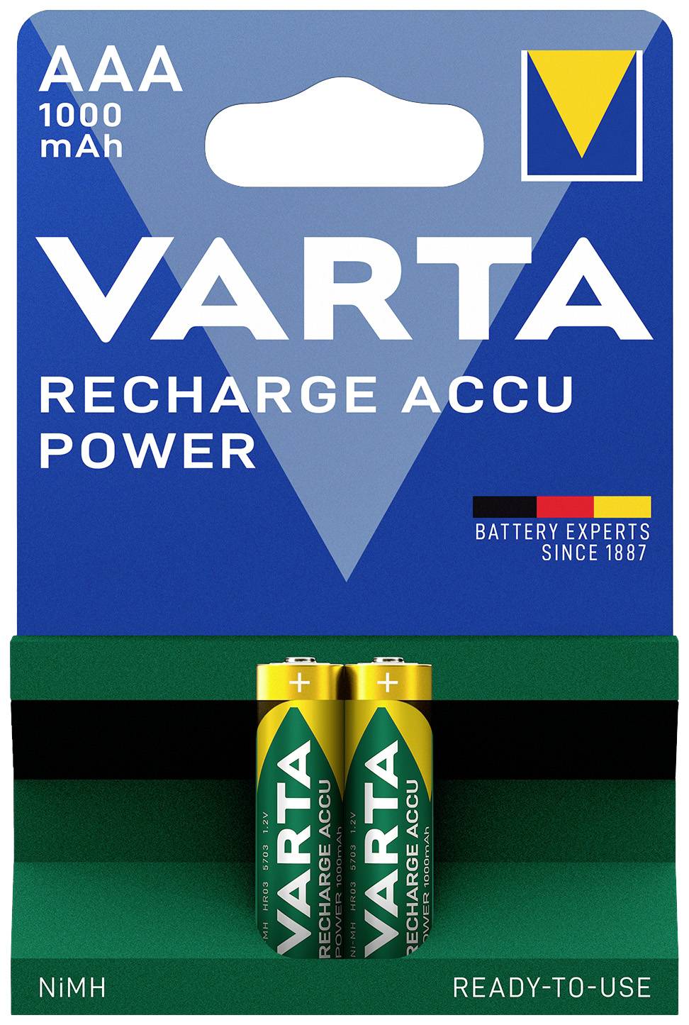 Deux piles AAA de la marque Varta sur un emballage bleu portant l'inscription 'Recharge Accu Power', 1000 mAh, NiMH.
