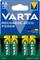 Quatre piles rechargeables VARTA AA de 2100 mAh, conditionnées dans un blister. Le logo de la marque et les étiquettes sont visibles.