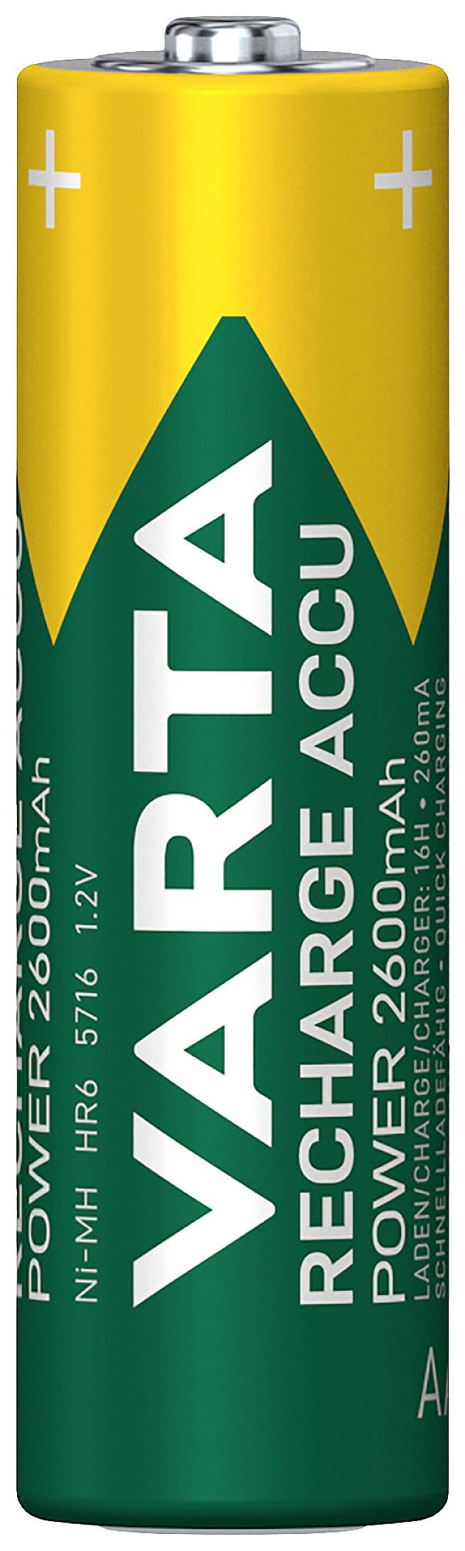 Batterie rechargeable Varta de 2600 mAh et 1,2 V. Adaptée aux appareils à forte consommation énergétique.