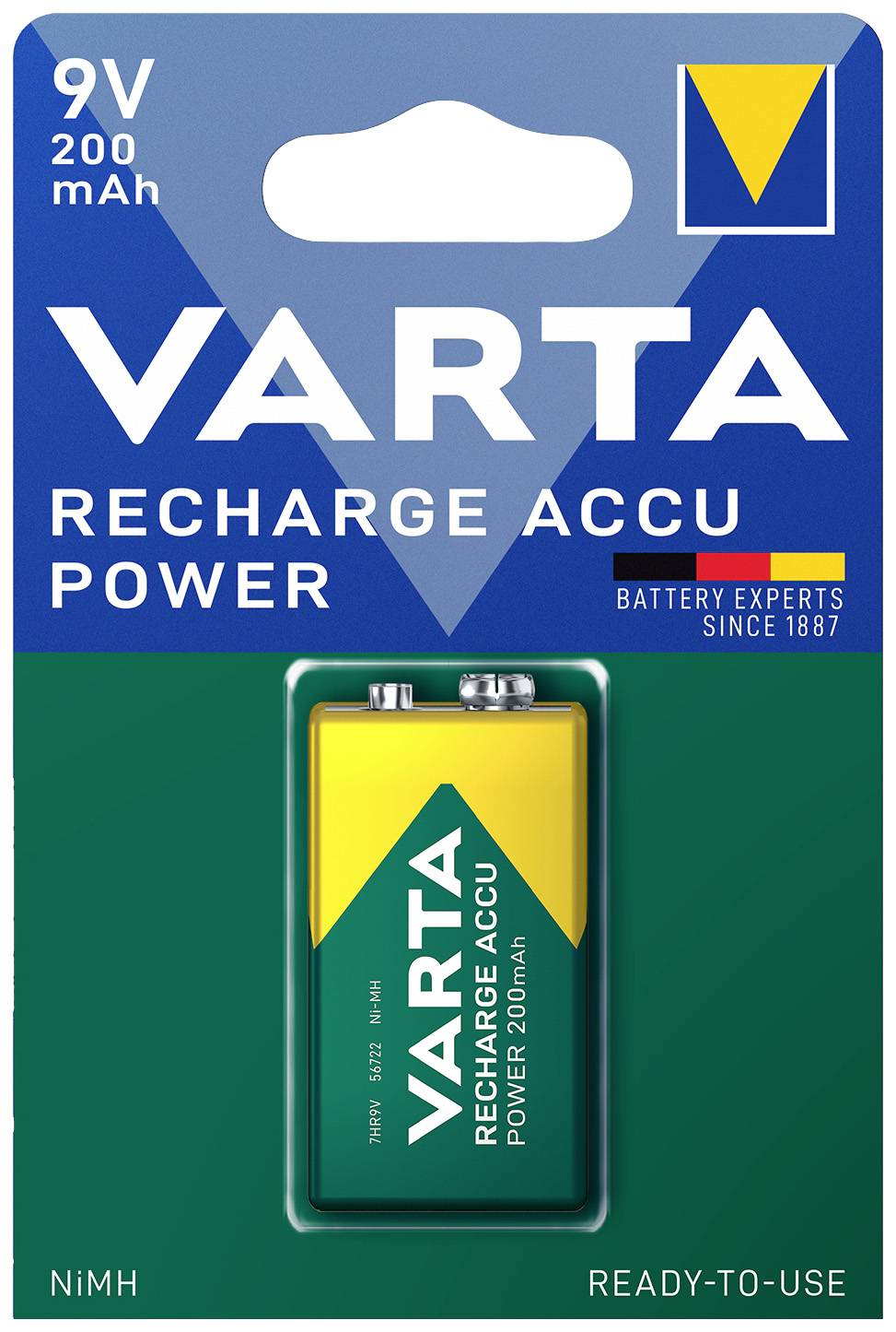 'VARTA' Pile-batterie en blister. 9V, 200mAh, NiMH, rechargeable, avec design bleu et jaune. Texte : 'Prêt à l'emploi', 'Experts en batteries depuis 1887'.