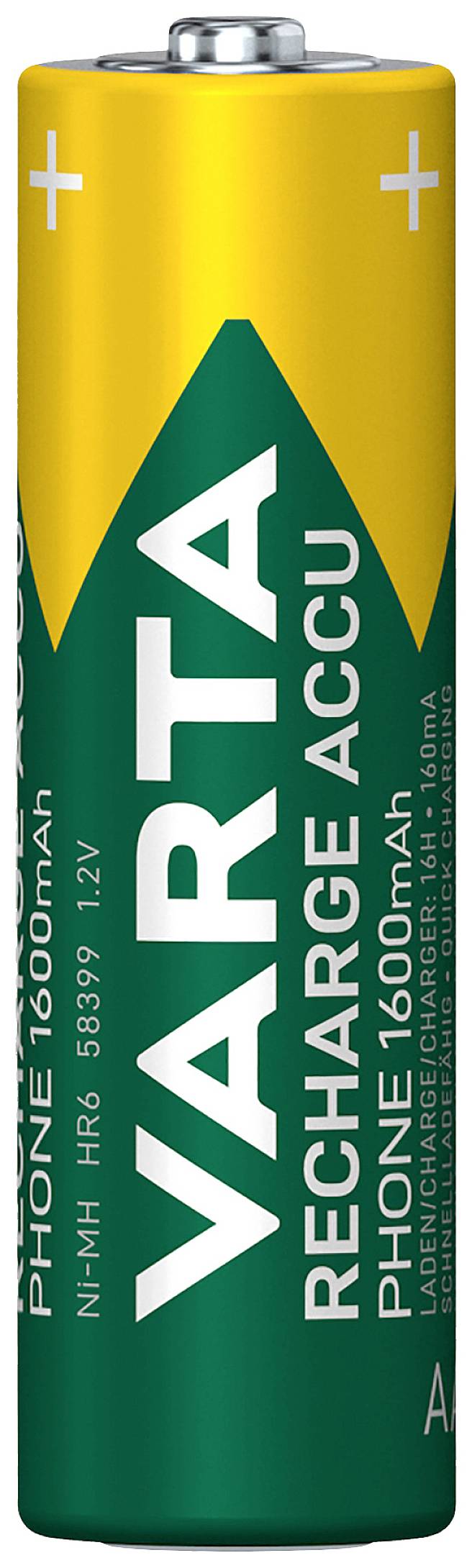 Batterie au design vert et jaune. Étiquetée 'Varta Recharge Accu' et 'Phone 1600mAh'. Adaptée aux appareils rechargeables.