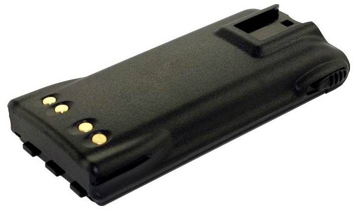 Un gros plan d'une batterie rechargeable noire avec des contacts dorés, conçue pour un appareil radio bidirectionnel.