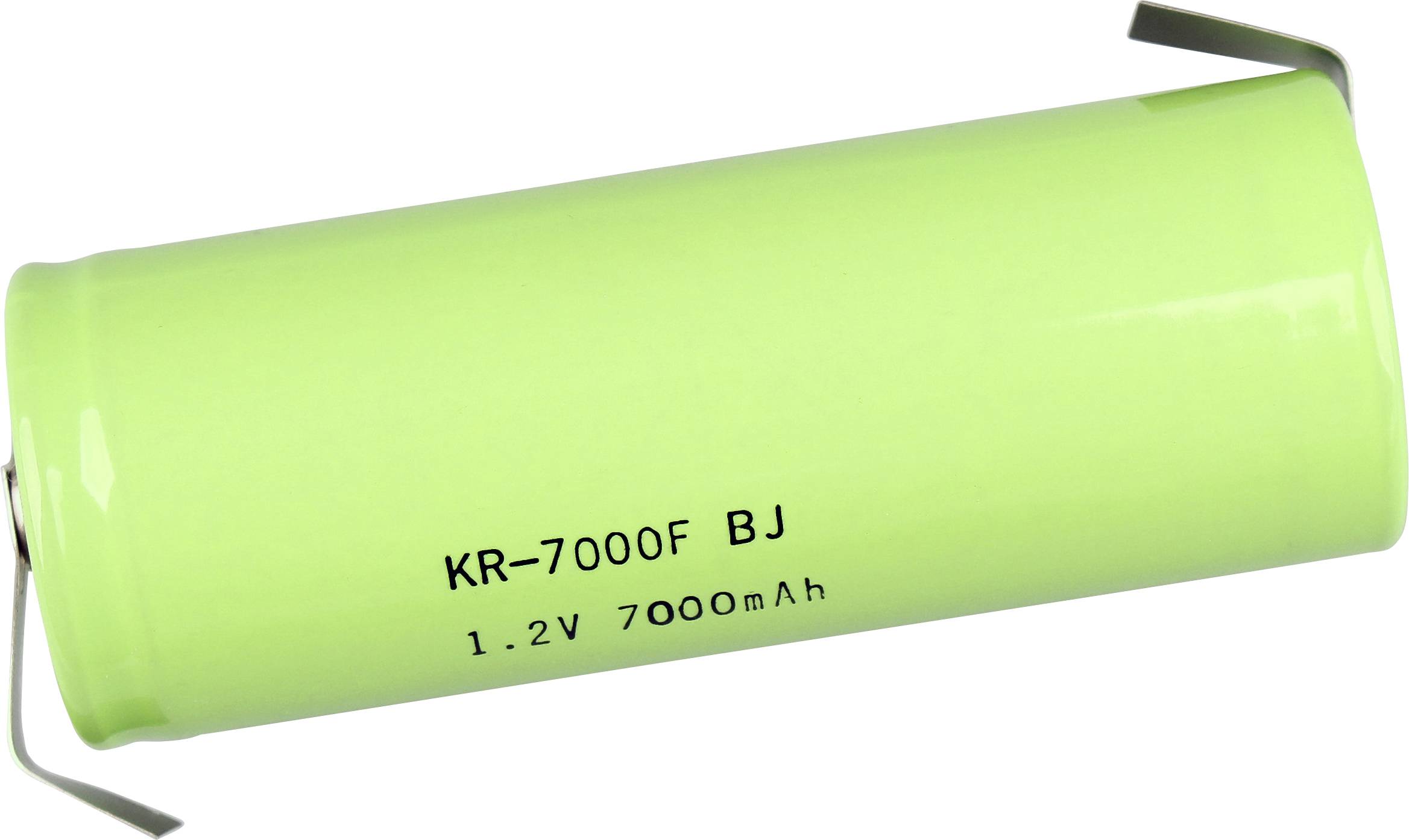 Batterie cylindrique verte étiquetée « KR-7000F BJ » et « 1,2V 7000mAh » sur un fond blanc.