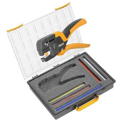 Trousse à outils comprenant un dénudeur de fils automatique orange et noir placé dans un insert en mousse grise à l'intérieur d'un coffret en plastique ouvert, accompagné de divers connecteurs de fils.