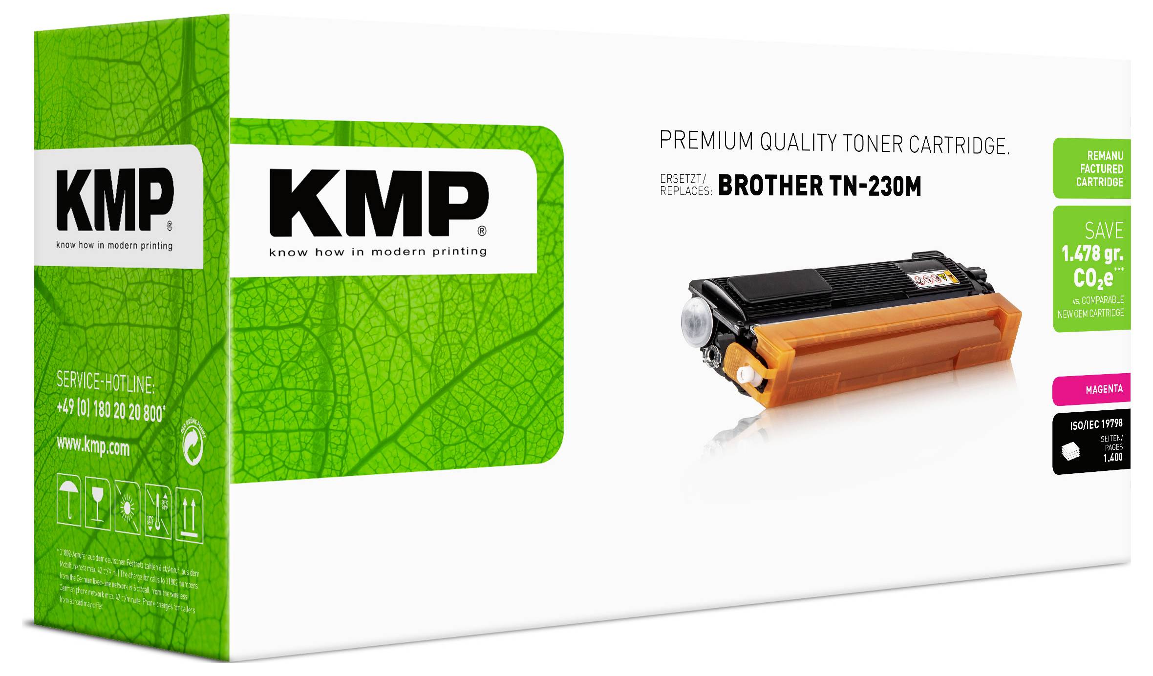 Emballage de cartouche de toner de qualité premium KMP pour Brother TN-230M, montrant une cartouche de toner orange et noire et une boîte KMP verte avec étiquettes de produit.