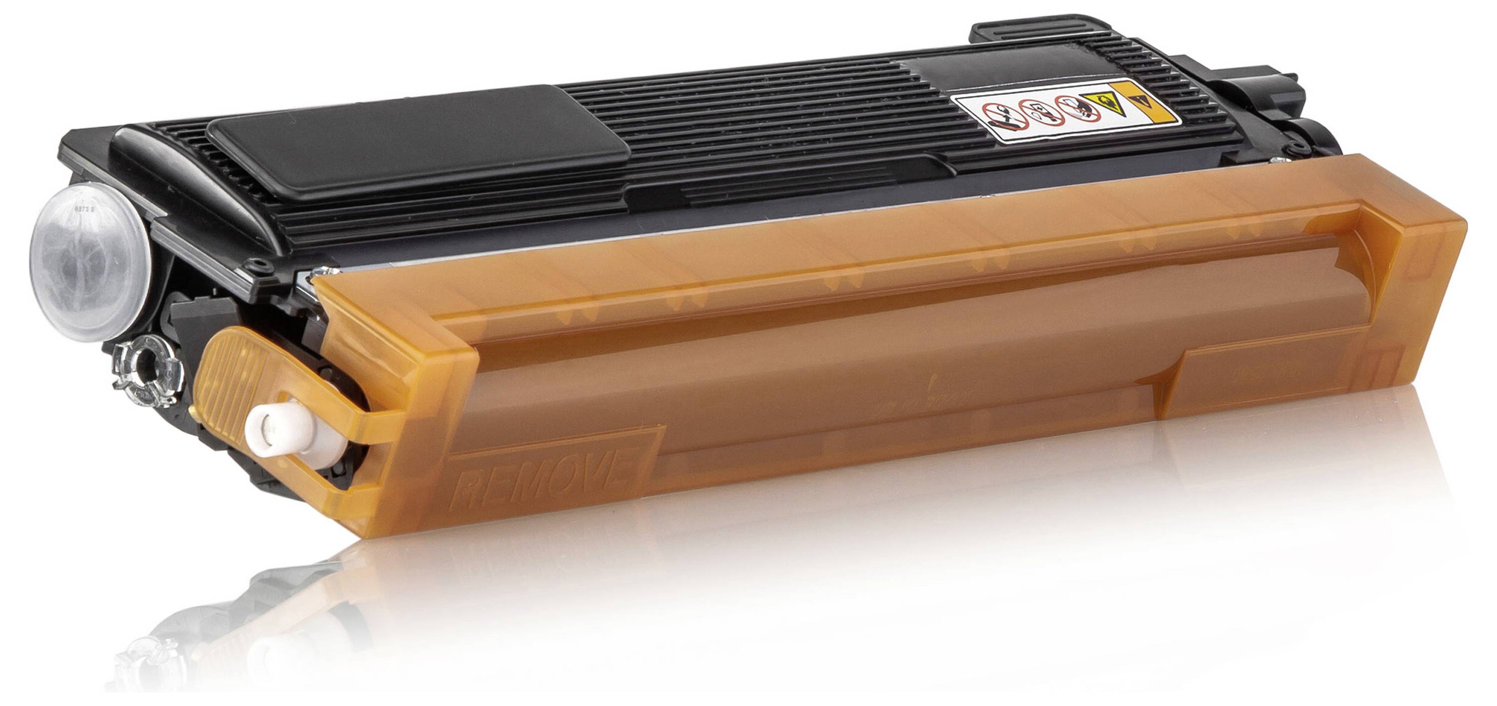 Cartouche de toner noir et orange pour imprimante laser, présentée sous un angle sur fond blanc.