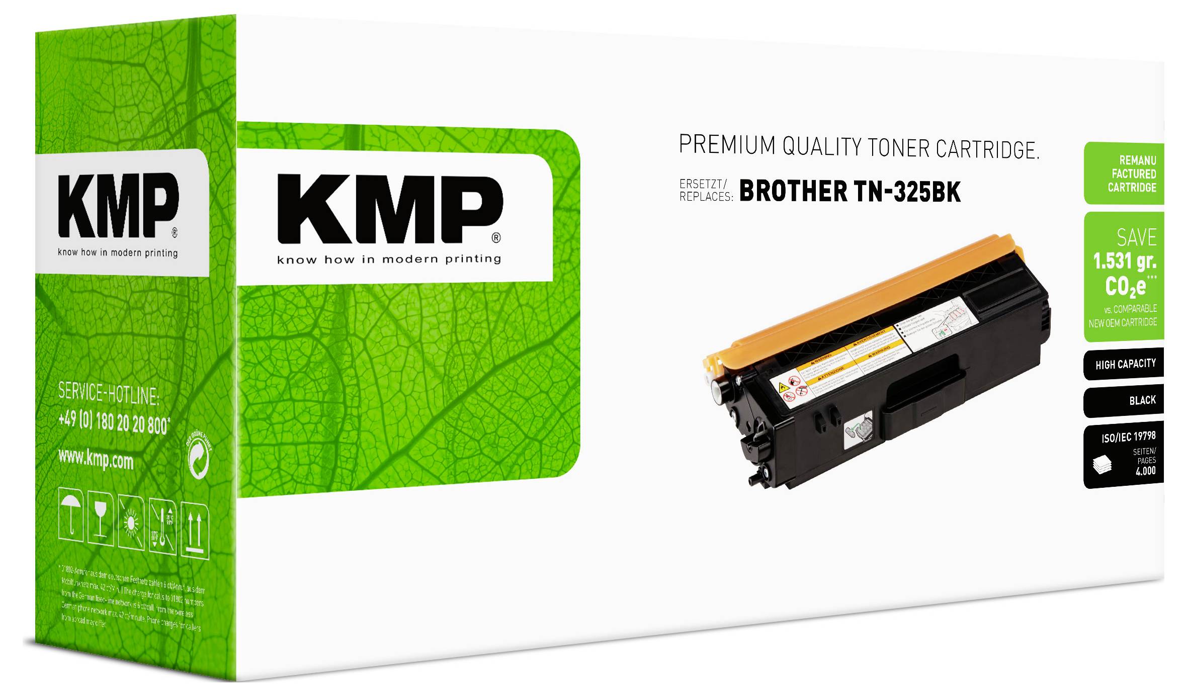 Boîte de cartouche de toner KMP de qualité premium pour Brother TN-325BK, montrant une cartouche de toner noire et un emballage vert sur fond blanc.