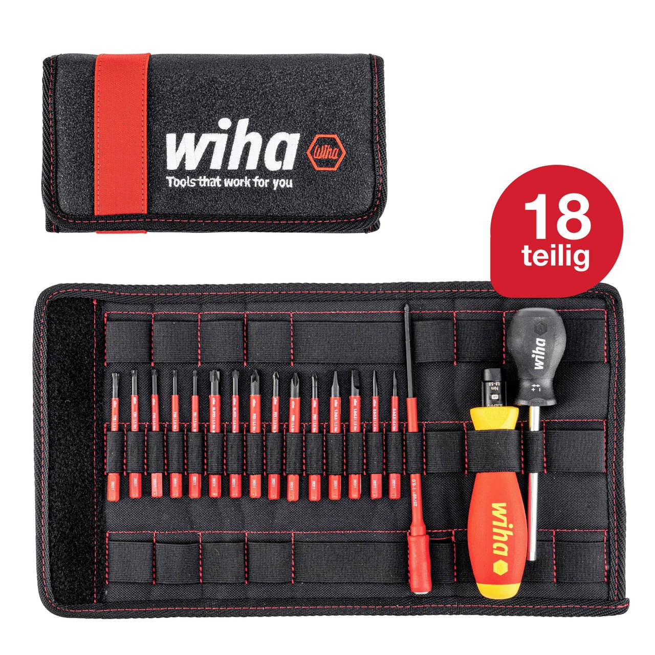 Un sac à outils ouvert et noir expose un ensemble de tournevis et d'embouts Wiha en 18 pièces, comprenant une poignée jaune et rouge.