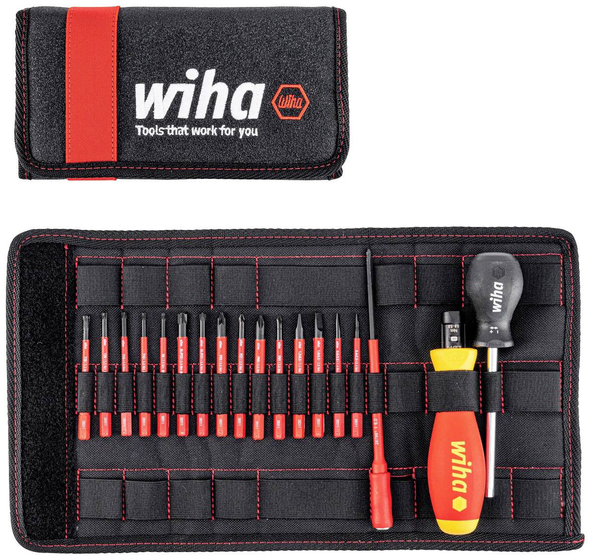 Ensemble d'outils Wiha dans une pochette pliante ; comprenant divers embouts de tournevis, une poignée et une rallonge.