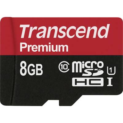 Carte MicroSD noire de Transcend avec une bande rouge en haut, capacité de 8 Go, 'Premium', Classe 10, UHS-I, HC I.
