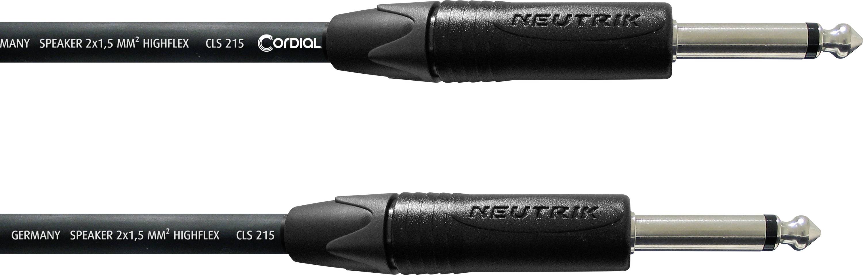 Deux connecteurs de câble de haut-parleur Neutrik noirs étiquetés « SPEAKER 2x1,5 MM² HIGHFLEX CLS 215 », présentés de côté sur un fond blanc.