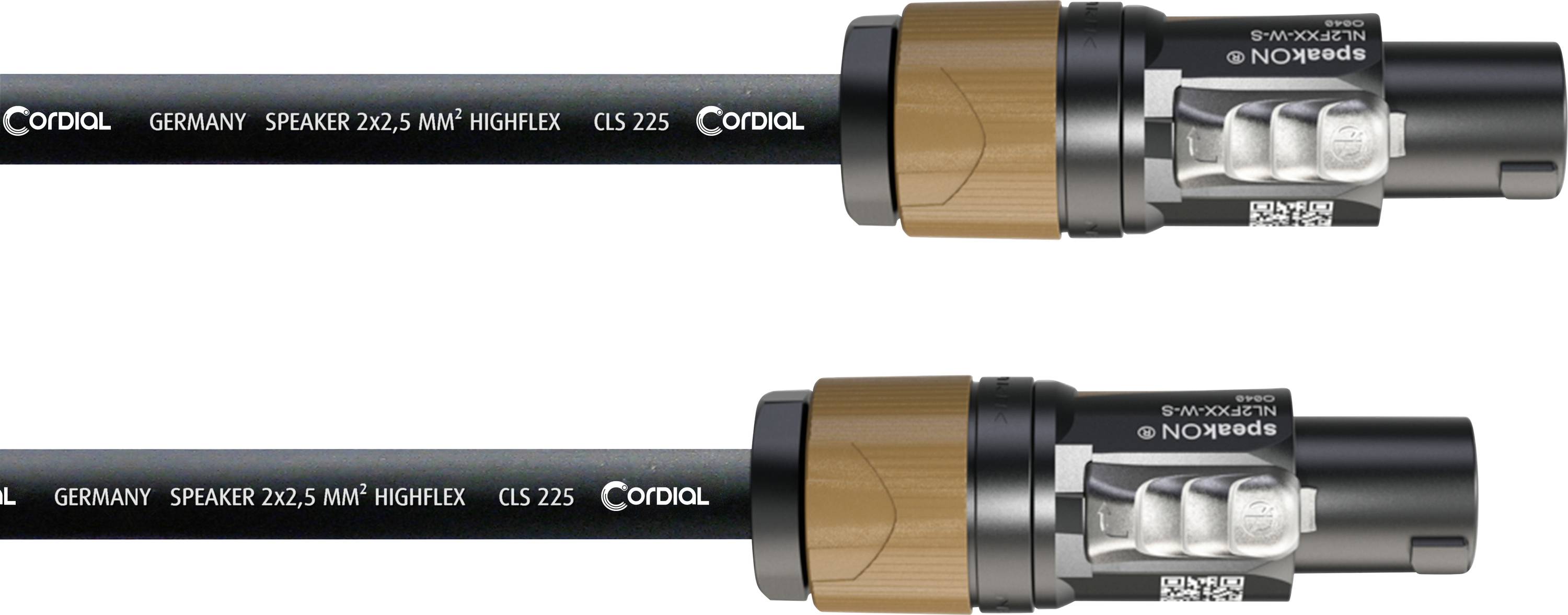 Deux câbles de haut-parleur Cordial noirs avec des connecteurs noirs et en cuivre présentés horizontalement, étiquetés « GERMANY SPEAKER 2X2.5 MM HIGHFLEX CLS 225 ».