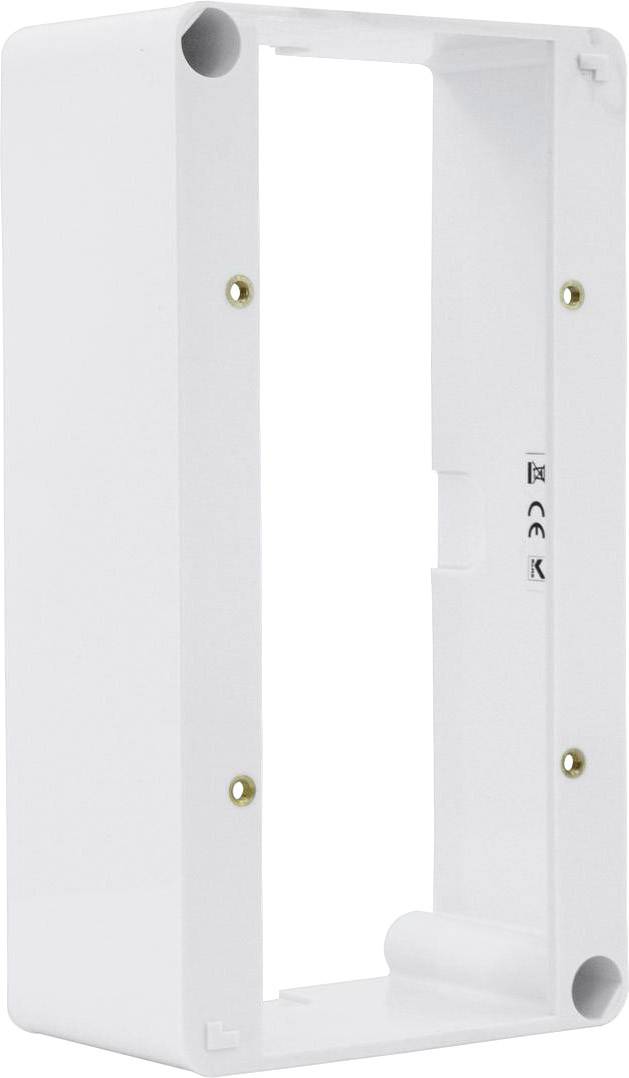 Boîte rectangulaire blanche en plastique avec plusieurs trous de fixation sur les côtés, probablement conçue pour un montage mural.