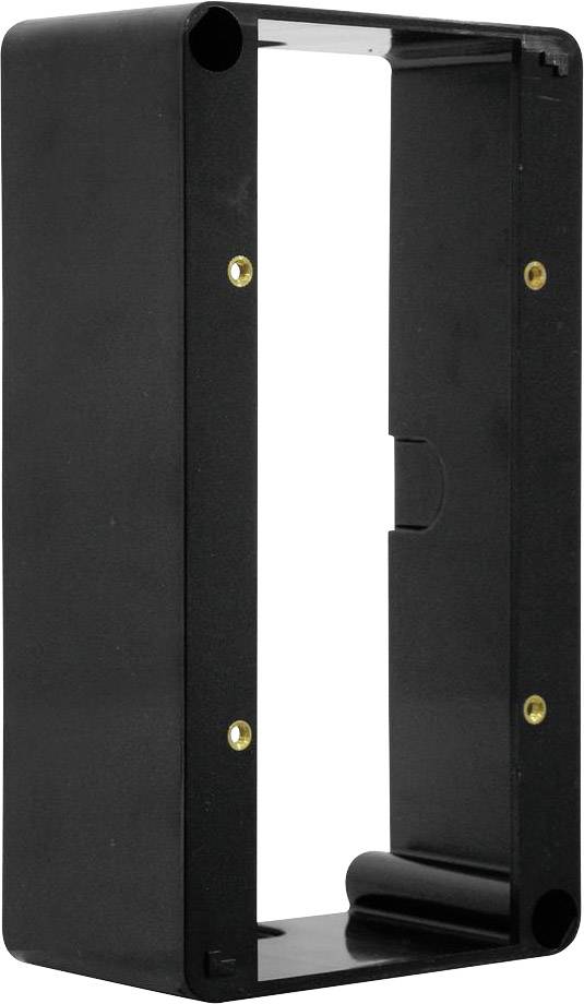 Cadre en plastique noir rectangulaire pour montage mural. Comprend des trous de perçage pour les vis et est ouvert pour permettre le passage des câblages internes.